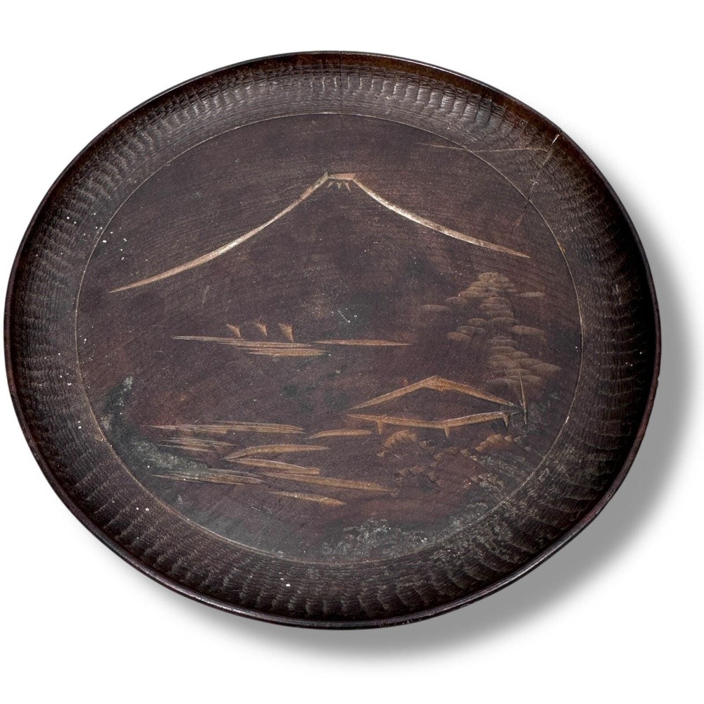 Vintage Mount Fuji Hand Carved Japanese Wooden Plate 5.5" Brown Decorative